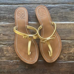 Tory Burch Gold Leather Bow Thong Sandals